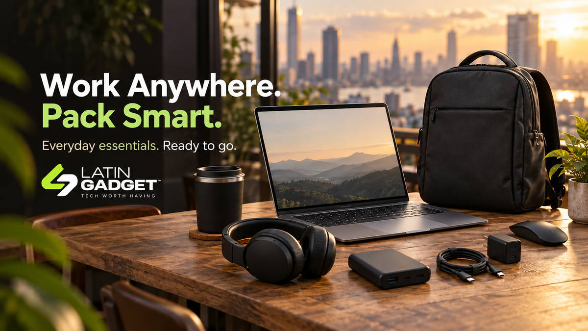 Laptop, backpack, headphones, power bank, and charging accessories on a café table