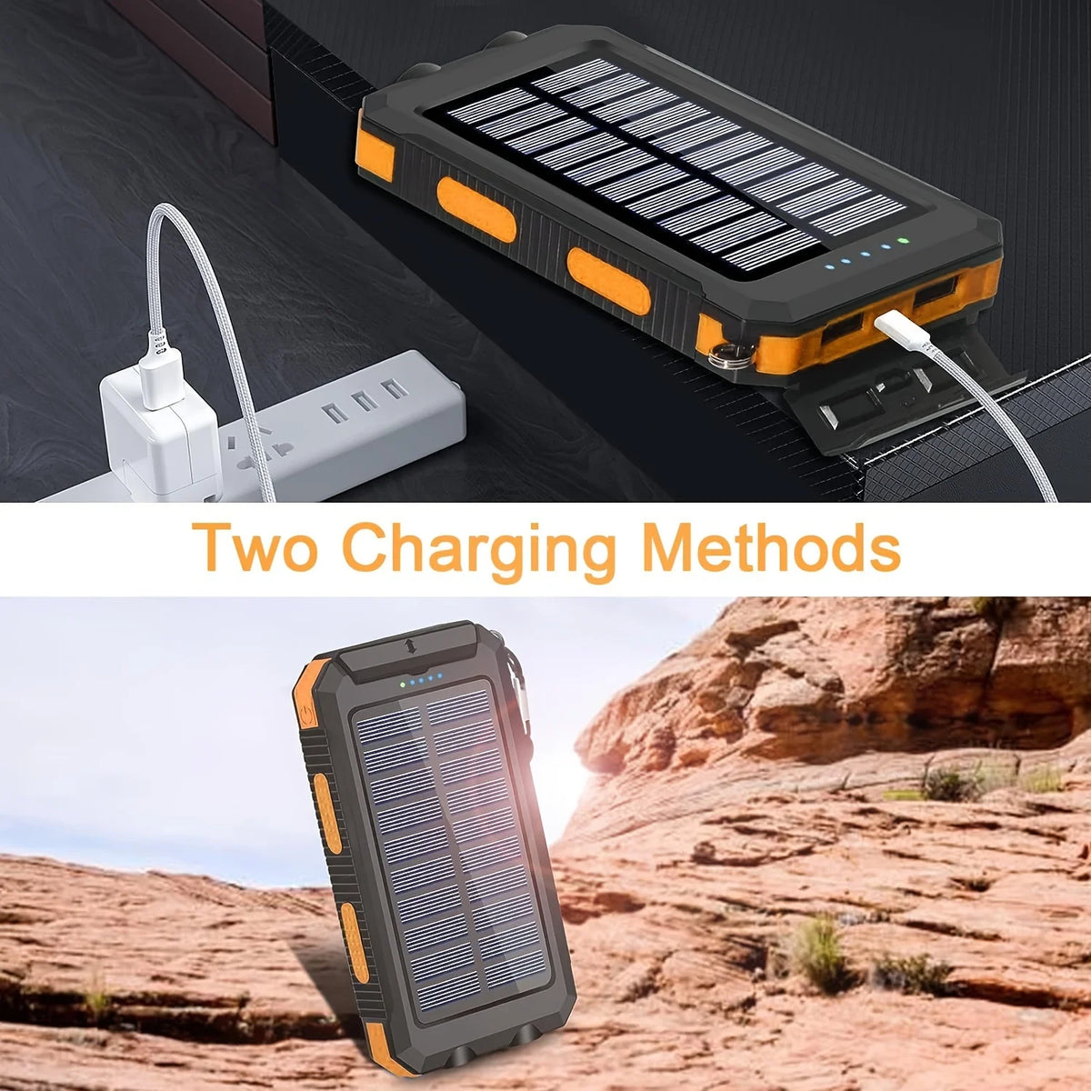 10,000mAh Solar Power Bank with LED Flashlight & Built-In Cables