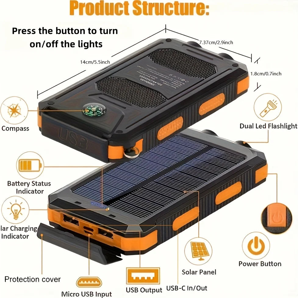 10,000mAh Solar Power Bank with LED Flashlight & Built-In Cables