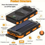 10,000mAh Solar Power Bank with LED Flashlight & Built-In Cables