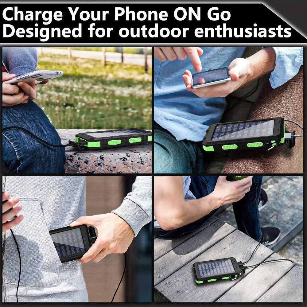 10,000mAh Solar Power Bank with LED Flashlight & Built-In Cables