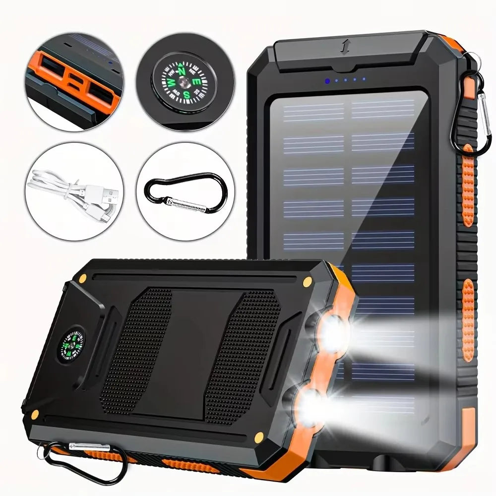 10,000mAh Solar Power Bank with LED Flashlight & Built-In Cables