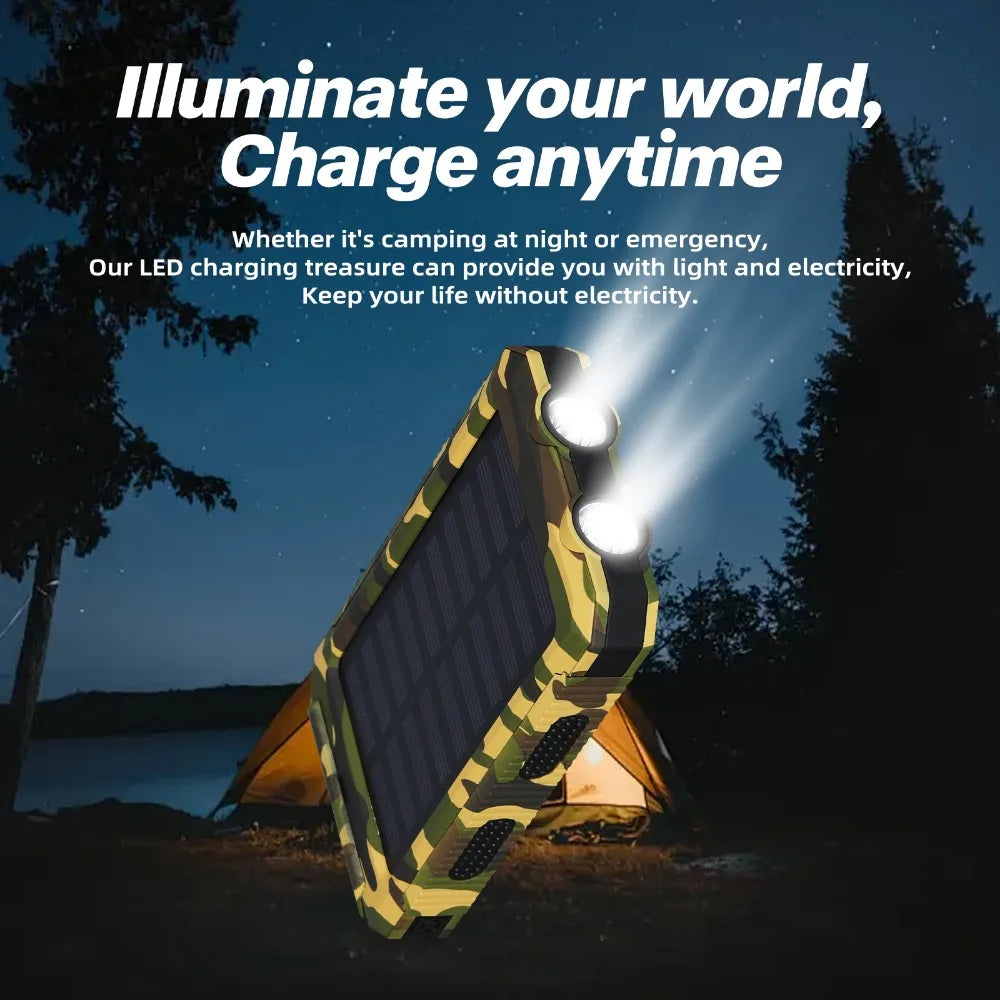 10,000mAh Solar Power Bank with LED Flashlight & Built-In Cables