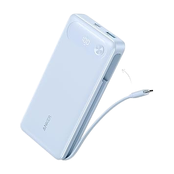 Violet Anker 20K power bank with a digital battery display and built-in USB-C cable.