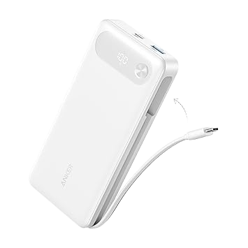 White Anker 20K power bank with a digital battery display and built-in USB-C cable.
