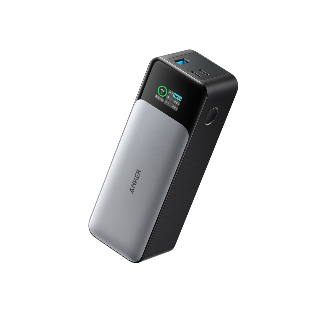 Anker 737 power bank with a digital display, two USB-C ports, and one USB-A port.