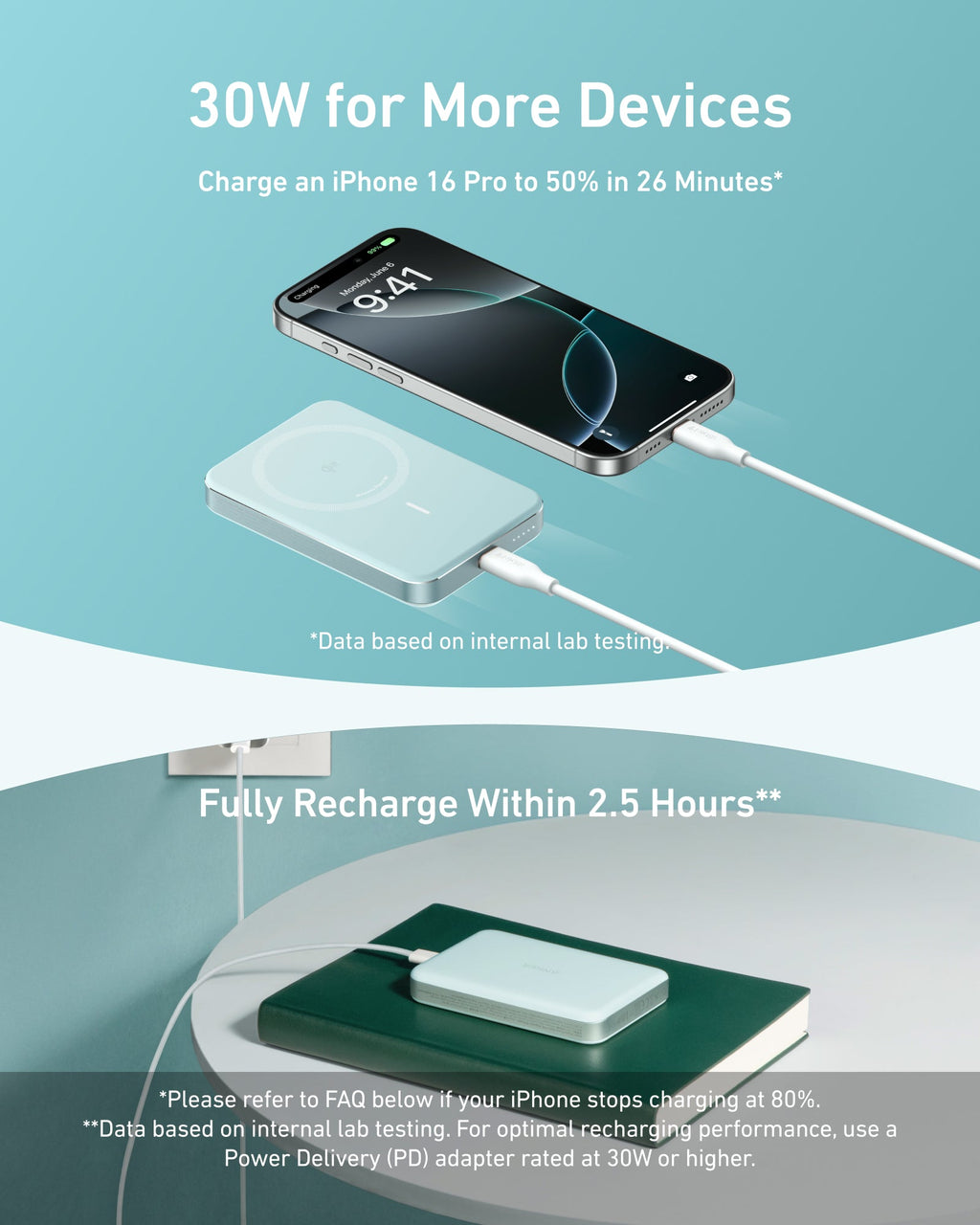 Anker MagGo 10K slim magnetic power bank pictured with a phone.
