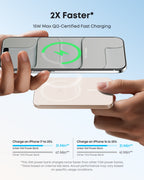 Hands aligning an iPhone with a beige Anker Nano MagGo 5K power bank for magnetic charging.