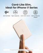 Beige Anker Nano MagGo 5K power bank balanced on a finger beside size and weight details.