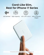 Green Anker Nano MagGo 5K power bank balanced on a finger beside size and weight details.
