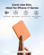 Orange Anker Nano MagGo 5K power bank balanced on a finger beside size and weight details.