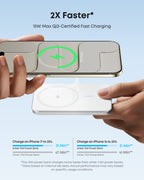 Hands aligning an iPhone with a white Anker Nano MagGo 5K power bank for magnetic charging.