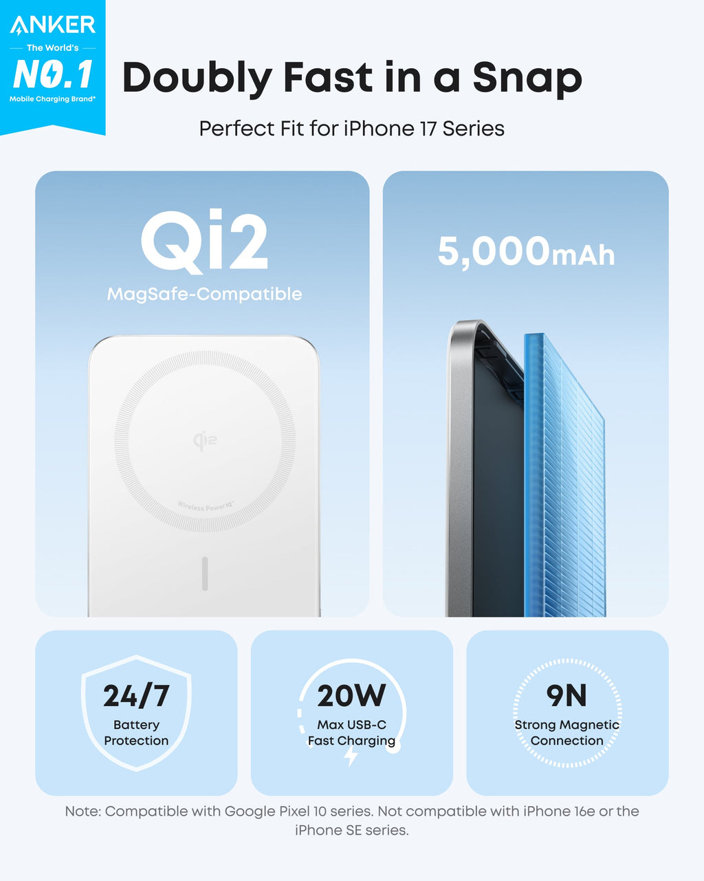 White Anker Nano MagGo 5K power bank shown in a Qi2 charging and magnetic connection graphic.