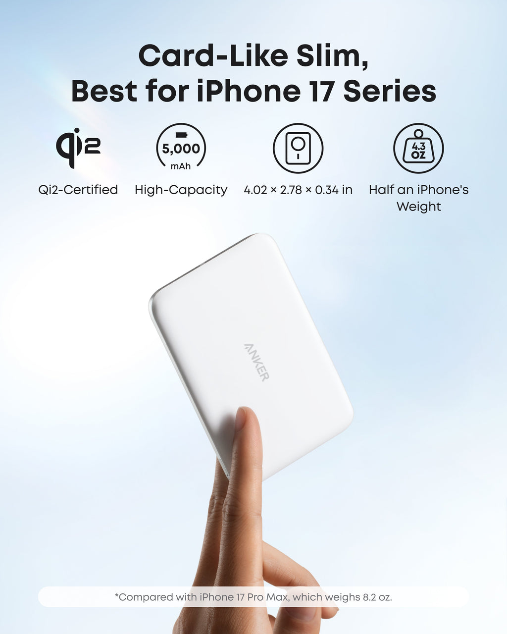 White Anker Nano MagGo 5K power bank balanced on a finger beside size and weight details.