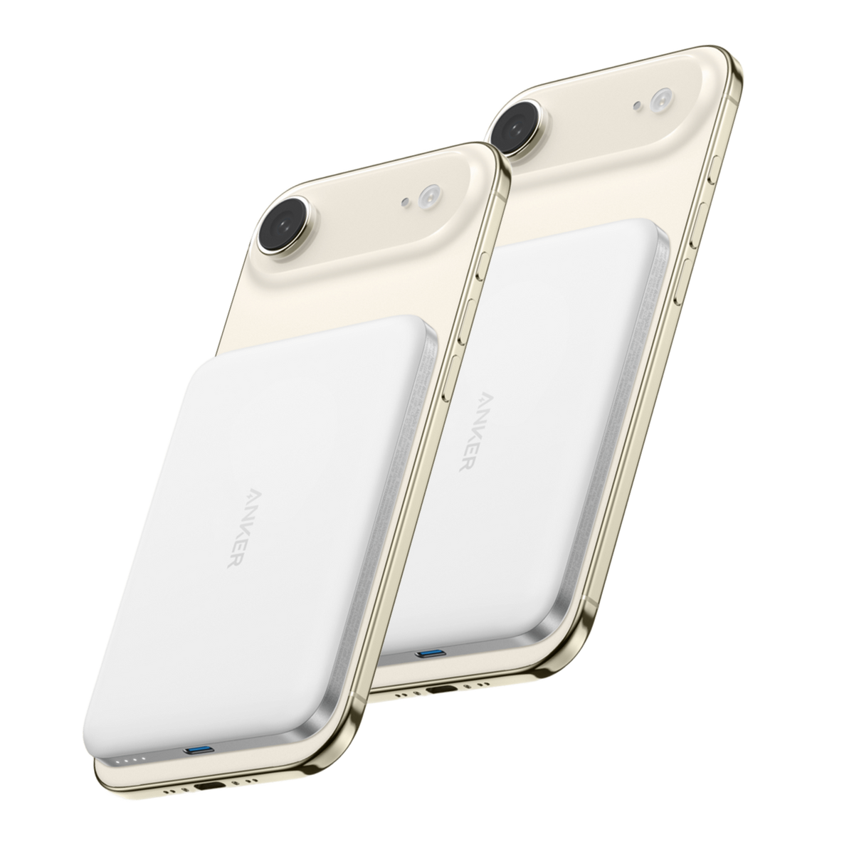 Two iPhones shown with white Anker Nano MagGo 5K magnetic power banks attached.