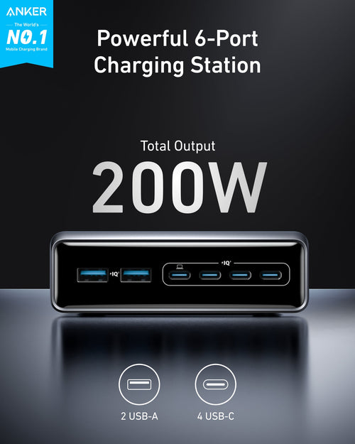 Front view graphic of the Anker Prime 200W charger showing its six USB ports.
