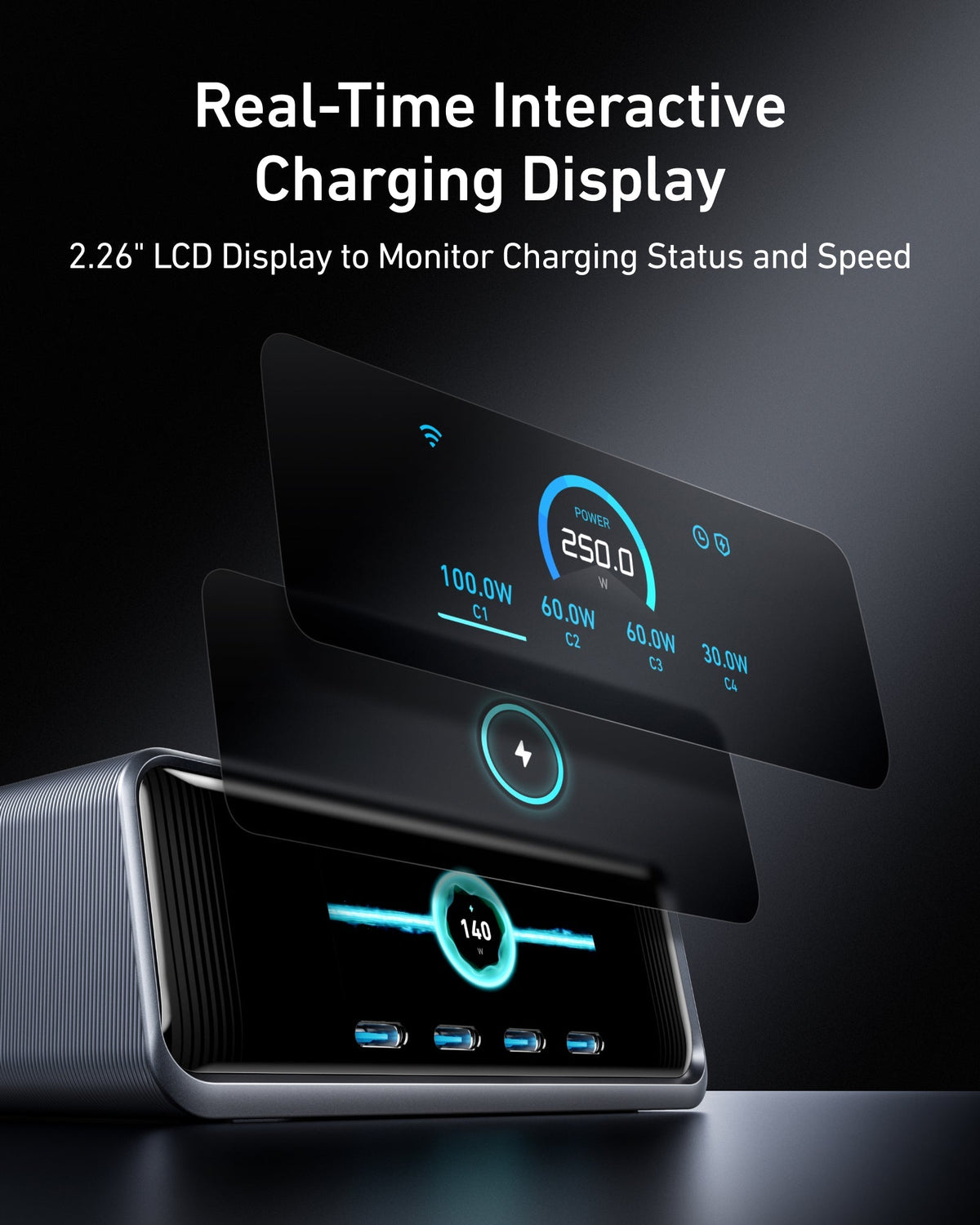 Exploded display graphic showing charging information on the Anker Prime 250W station.