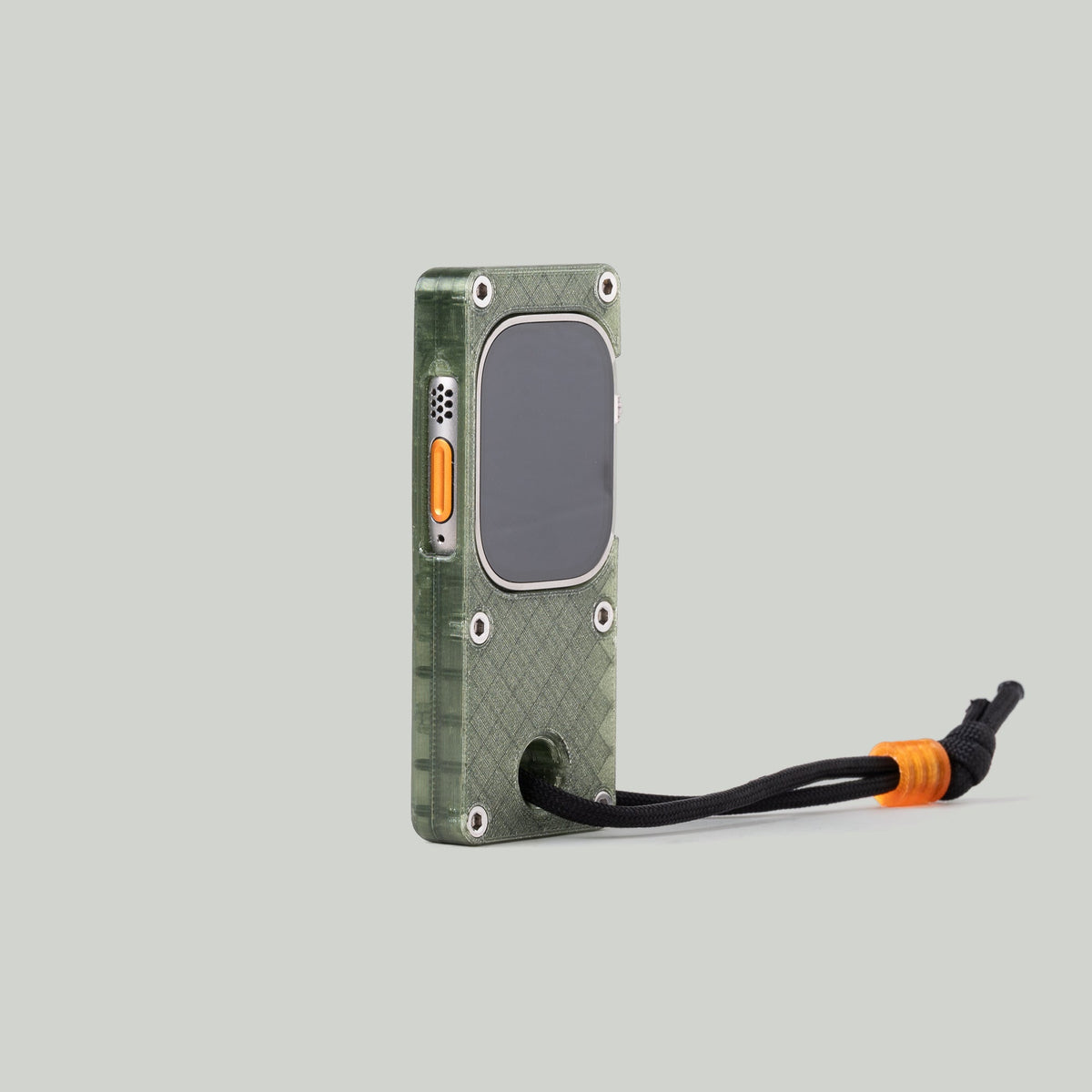 Angled view of the olive green miniPhone Ultra case showing the Apple Watch Ultra orange action button.